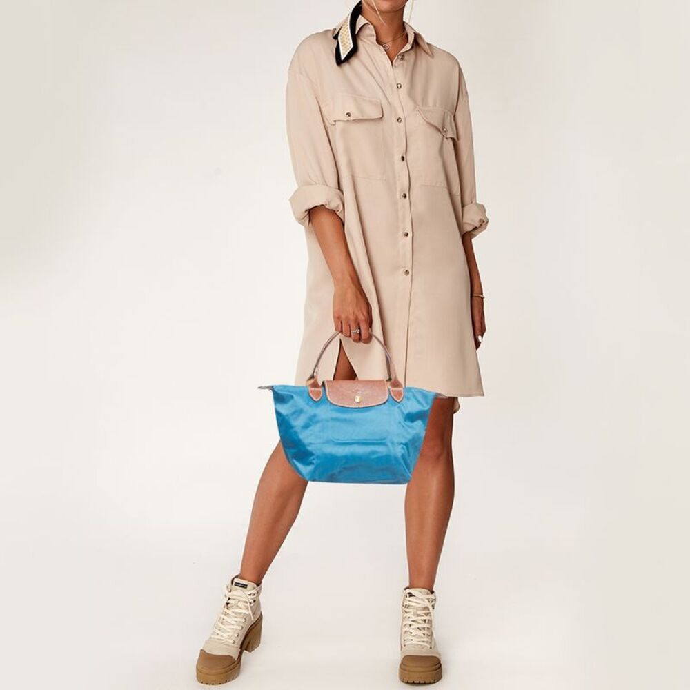Longchamp Brown/Teal Blue Nylon and Leather Small Short Le Pliage Tote - Picture 2 of 4